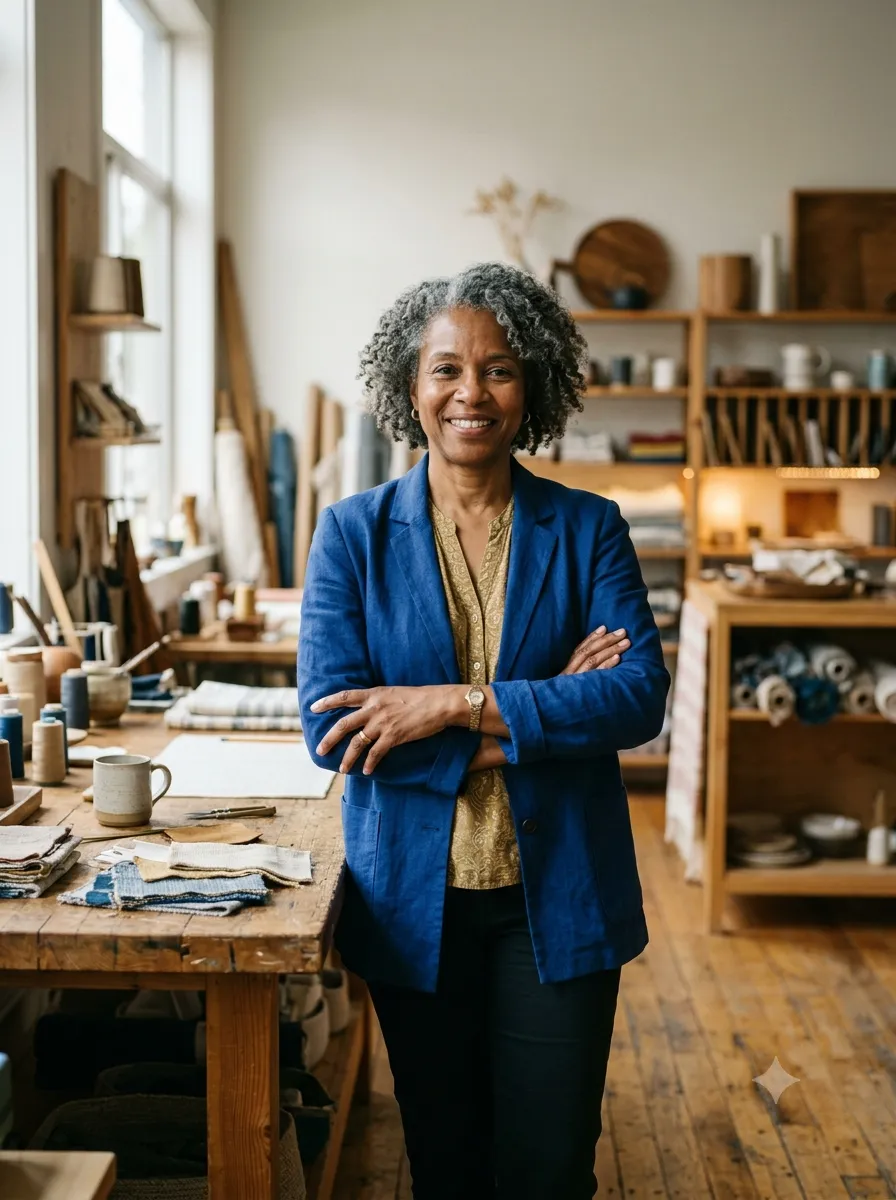 A founder standing in her studio workshop, arms crossed and smiling.