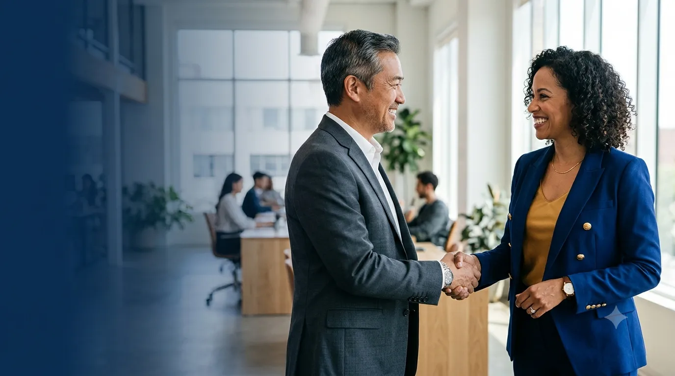 Two business partners shaking hands in a bright office after reaching an agreement.