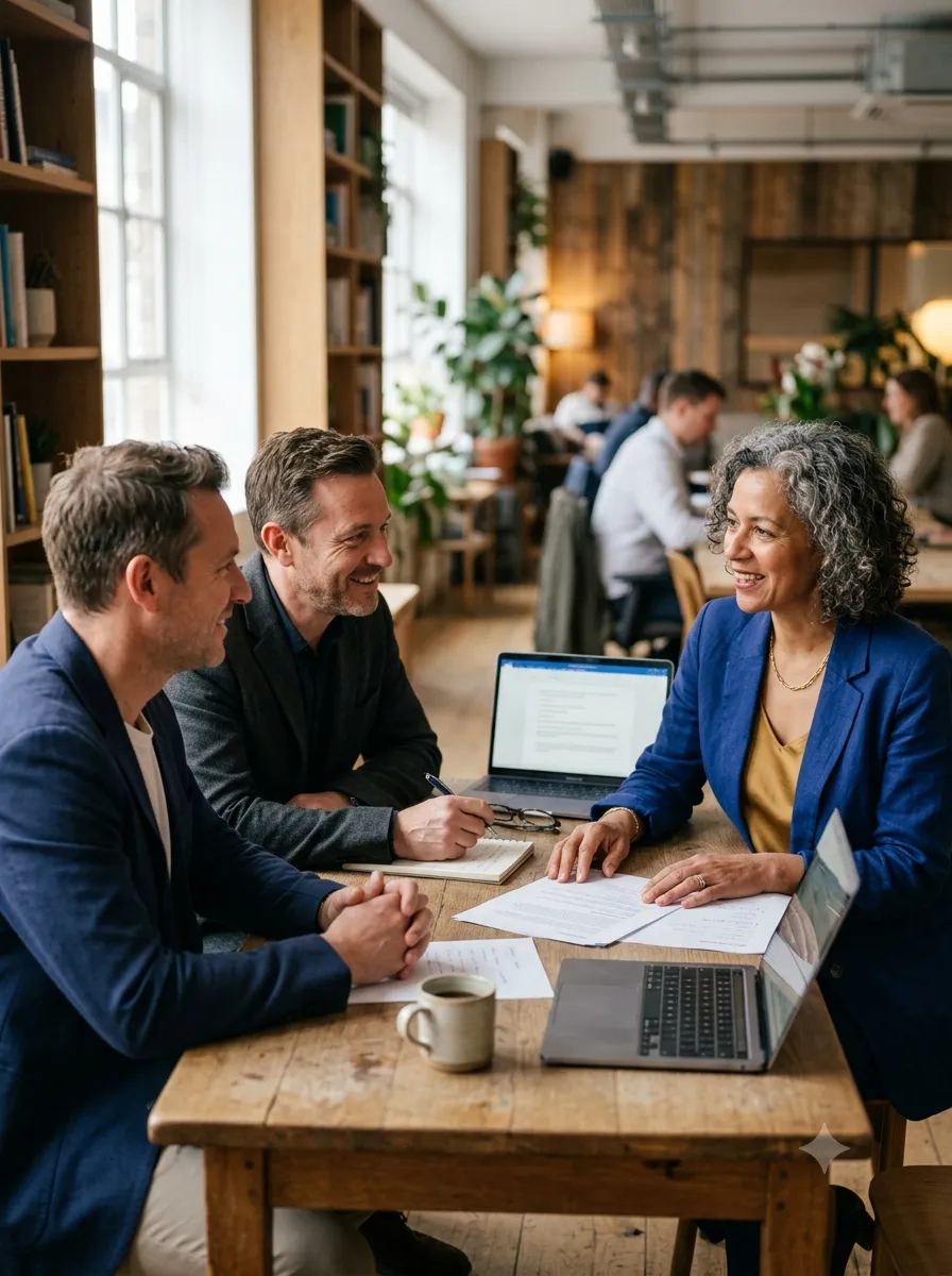 A founder meeting with two Spreckels Capital partners over documents and laptops.