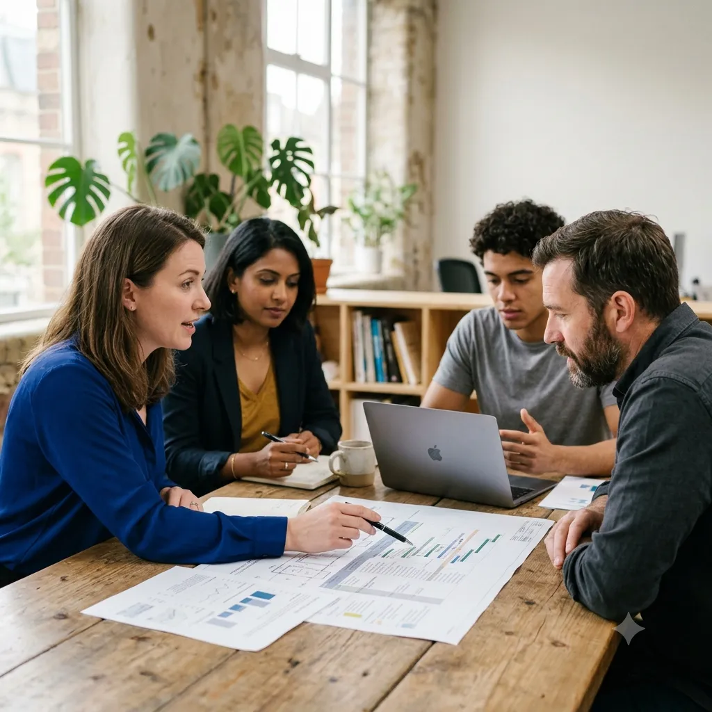 A team reviewing plans and charts together around a table.